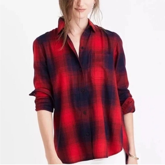 Madewell Classic Fit Red Navy Blue Plaid Flannel Button Down Top Women’s Size XS - Picture 1 of 6